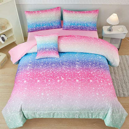 PERFEMET Girls Comforter Set with Sheets 6 Pieces Full Size Bedding Set Blue Pink Green Ombre Bed in A Bag Rainbow Tie Dye Kids Bed Sets Grandient Glitter Full Comforter Sets