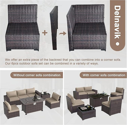 Patio Furniture Sectional Sofa Set 7-Pieces PE Rattan Patio Conversation Set w/43in Gas Fire Pit Table, Outdoor Furniture with 55000 BTU Propane Fire Pit, Sand
