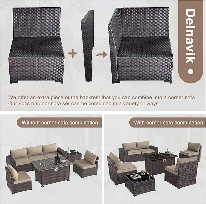 Patio Furniture Sectional Sofa Set 10-Pieces PE Rattan Swivel Rocking Chairs Outdoor Furniture Set w/43in Gas Fire Pit Table, Patio Conversation with 55000 BTU Propane Fire Pit, Sand