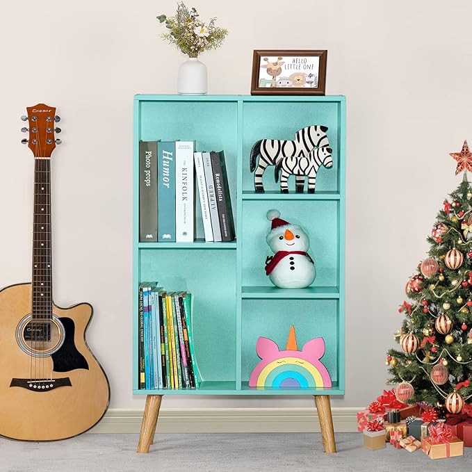 LEYAOYAO 5 Cube Bookshelf 3-Tier Bookcase with Legs,Mint Green Kids Book Shelf Cute Storage Organizer,Free Standing Open Toy Shelves Wood Bookshelves,Display Bookcases for Bedroom,Living Room,Nursery