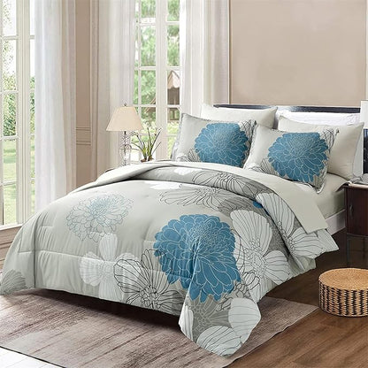 Yiran 7 Pieces Bed in a Bag Blue Floral Comforter Set Queen Size Flowers Comforter Set Soft Microfiber Bedding Set (1 Comforter 1 Flat Sheet 1 Fitted Sheet 2 Pillowshams 2 Pillowcases)
