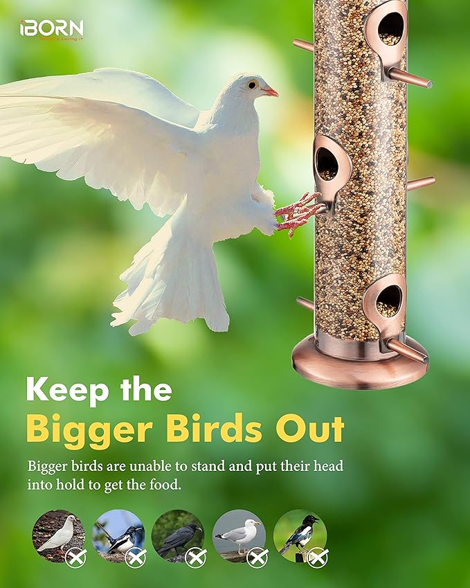 iBorn Metal Bird Feeders Brushed Copper Wild Bird Feeder for Outdoors Hanging All Metal Brushed Copper Finishing 14 Inch 6 Port(Seed is not Included)