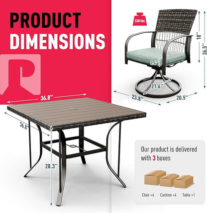 Pamapic 5 Piece Outdoor Dining Set, Rattan Outdoor Patio Furniture Set for Deck Backyard with Plastic-Wood Outdoor Dining Table, 4 Swivel Outdoor Dining Chairs and Removable Cushions (Green)