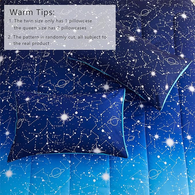 KAKKI Blue Ombre Glitter Galaxy Comforter Set Queen for Boys Girls, Sparkle Constellation Starry Sky Comforter for Kids Teen, 3pc Soft Bedding with 2 Pillow Cases for All Season