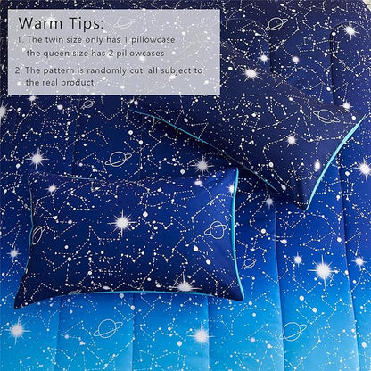 KAKKI Blue Ombre Glitter Galaxy Comforter Set Queen for Boys Girls, Sparkle Constellation Starry Sky Comforter for Kids Teen, 3pc Soft Bedding with 2 Pillow Cases for All Season