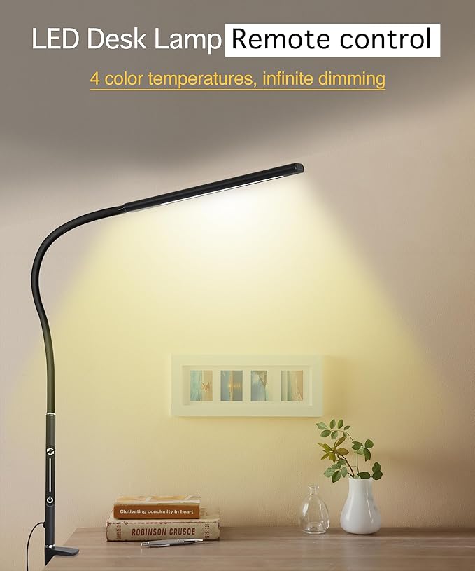 LED Desk Lamp for Office Home, Remote Control Desk Light with Stepless Dimming Adjustable Flexible Gooseneck,Eye-caring Clip on Table Lamp with 4 Color Modes, Workbench Drafting Reading Study bedrooms