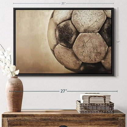 Elephant Stock Worn Soccer Ball Wall Art - Horizontal Framed Canvas - 1-Piece Living Room Wall Decor - Photography sports Canvas Print - Brown and Gray Decor for Wall - 25" X 17"