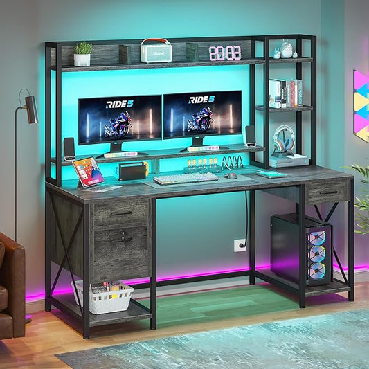 YITAHOME Computer Desk with Drawers & Hutch, 59.1" Office Desk with LED Lights & Power Outlets, Gaming Desk with Monitor Stand & Storage Shelves, Grey
