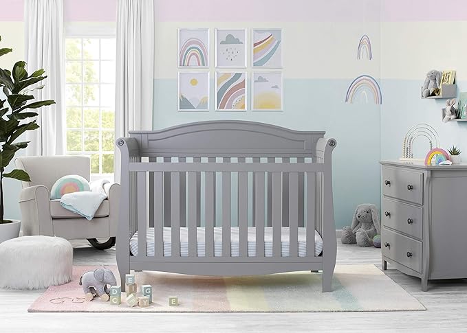 Delta Children Lancaster 4-in-1 Convertible Baby Crib, Grey + Serta Perfect Slumber Dual Sided Recycled Fiber Core Crib and Toddler Mattress (Bundle)