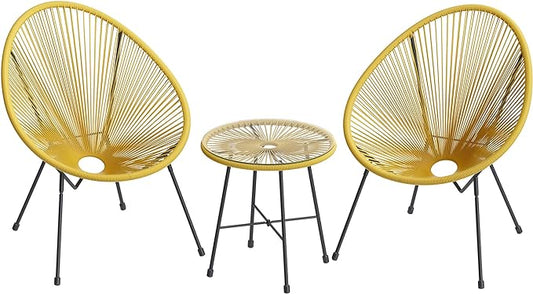 SONGMICS 3-Piece Outdoor Seating Acapulco Chair, Modern Patio Furniture Set, Glass Top Table and 2 Chairs, Indoor and Outdoor Conversation Bistro Set, Yellow UGGF011Y01