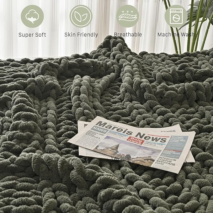Esterra Chunky Knit Blanket Throw, 100% Handmade Chenille Throw Blanket 40"x50", Soft Thick Yarn Cable Knit Crochet Throw Blanket Rope Knot Throw for Couch Bed Sofa, Dusty Olive