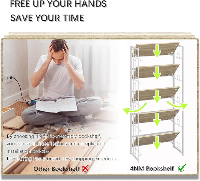 4NM No-Assembly 5 Tiers Folding Bookshelf Storage Shelves Vintage Bookcase Standing Racks Study Organizer Home Office - Natural and White
