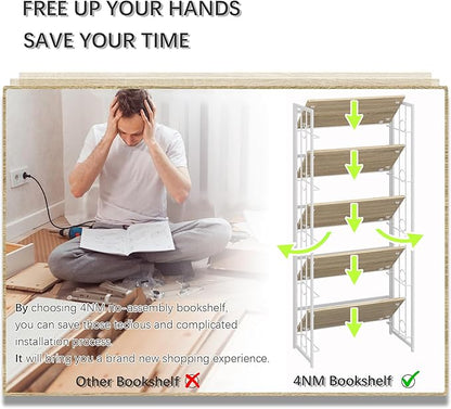 4NM No-Assembly 5 Tiers Folding Bookshelf Storage Shelves Vintage Bookcase Standing Racks Study Organizer Home Office - Natural and White