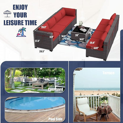 Patio Furniture Set 9-Pieces Outdoor Furniture for Backyard Wicker Sectional Sofa Set, Rattan Patio Conversation Set with Thickened Cushions and Glass Coffee Table, Red