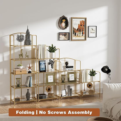 No Assembly Folding Bookshelf, 5 Tier Gold Bookshelf, Metal Book Shelf for Storage, Folding Bookcase for Office Organization and Storage, 12.87" D x 22.91" W x 68.1" H