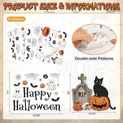 Vintage Halloween Window Clings 6 Sheets, Large Retro Spooky Ghost J-O-Lantern Pumpkin Reusable Window Decals Stickers for Home Halloween Party Decorations Supplies (Ghost)
