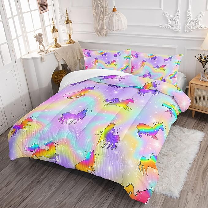 Datura home Unicorn Rainbow Comforter Bedding Set for Girls Kids Children Teens,Sky Glitter Star Colorful Bedding Set with 1 Comforter and 2 Pillowcases(Unicorn3 Queen)