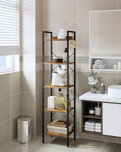 Bookshelf, Book Shelf, Industrial Bookcase with 2 Hooks, Coner Shelf Storage Organizer for Home Office, Living Room, Bedroom, Kitchen, 5-Tier Rustic Brown BC10501B
