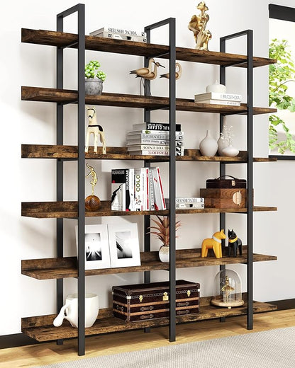 Bookshelf, 82.7" Double Wide 6 Tier Industrial Wooden Bookcase Large Wall Etagere Rustic Vintage Tall Book Shelf with Metal Frame Open Storage Rack for Living Room Home Office