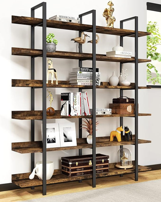 Bookshelf, 82.7" Double Wide 6 Tier Industrial Wooden Bookcase Large Wall Etagere Rustic Vintage Tall Book Shelf with Metal Frame Open Storage Rack for Living Room Home Office