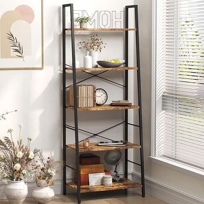 Yusong Bookshelf, Ladder Shelf 5-Tier Bookcase for Bedroom, Industrial Book Shelves Storage Rack with Metal Frame for Home Office, Rustic Brown