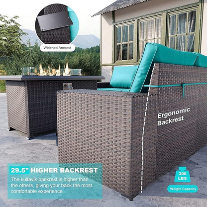 Kullavik 7 Pieces Outdoor Patio Furniture Set with 43" 55000BTU Gas Propane Fire Pit Table PE Wicker Rattan Sectional Sofa Patio Conversation Sets,Green Blue