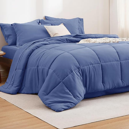 Bedsure Infinity Blue Queen Comforter Set - 7 Pieces Solid Queen Bed in a Bag, Queen Bed Set Infinity Blue with Comforters, Sheets, Pillowcases & Shams