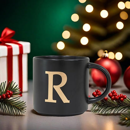COLLECTIVE HOME - Monogram Ceramic Mugs, 15 oz Golden Initial Black Coffee Cups, Elegant Alphabet Tea Mugs, Elegant Personalized Mug with Gift Box, Unique Mug with Double Side Capital Lette (R)