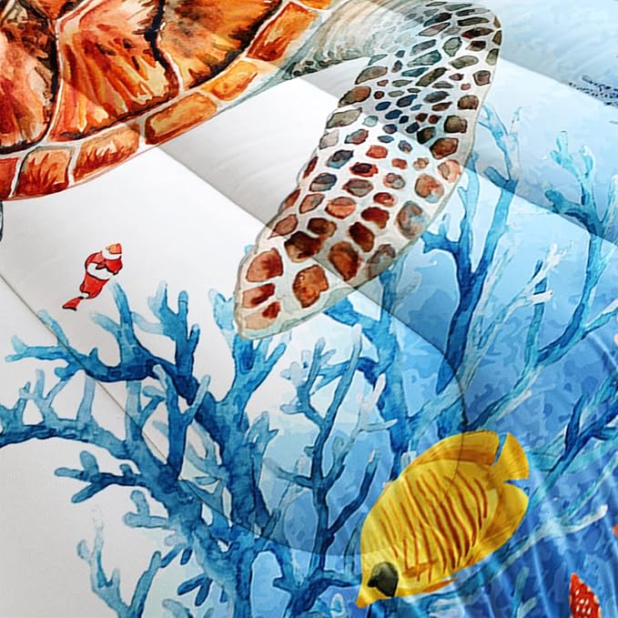 CVHOUSE Sea Turtle Comforter Set,Ocean Watercolor Sea Turtle Bedding Set for Kids Teens,Ocean Sea Turtle Comforter Sea Turtle Duvet Set Room Decor Quilt Set Full Size