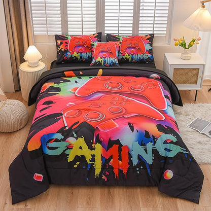 Aimuan Gaming Comforter Sets for Boys Kids Bedding Sets Video Games Console Action Buttons Novelty Colorful Game Gamepad Controller Modern Gamer Room Decor Home Quilt Set (Queen 6 Pcs,Black)