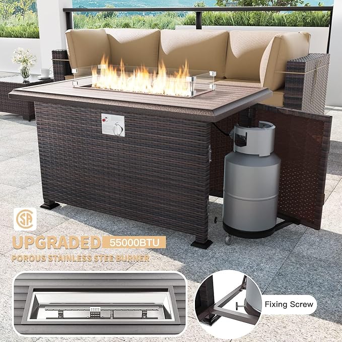 Kullavik 15PCS Outdoor Patio Furniture Set with 43" 55000BTU Gas Propane Fire Pit Table PE Wicker Rattan Sectional Sofa Patio Conversation Sets w/8 Coner Sofas,Sand