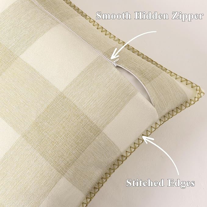 decorUhome Buffalo Plaid Check Fall Throw Pillow Covers 16x16 Set of 2, Outdoor Decorative Farmhouse Pillow Covers with Stitched Edge for Bed Couch Sofa, Cream White and Beige