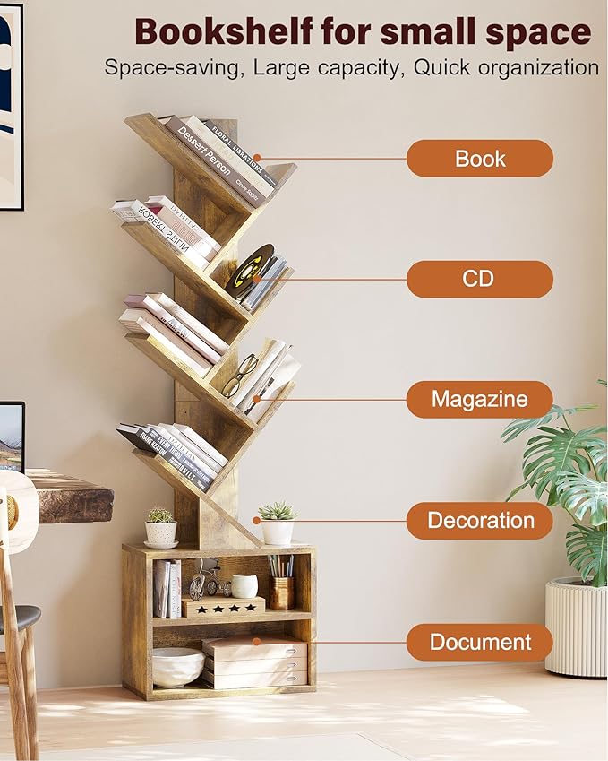 SUNMORY 6 Tier Tree Bookshelf, Small Bookcase with Storage Cabinet, Modern Tall Narrow Bookshelves Organizer, Floor Standing Book Shelf for Bedroom/Living Room/Home Office/Corner, Rustic Brown