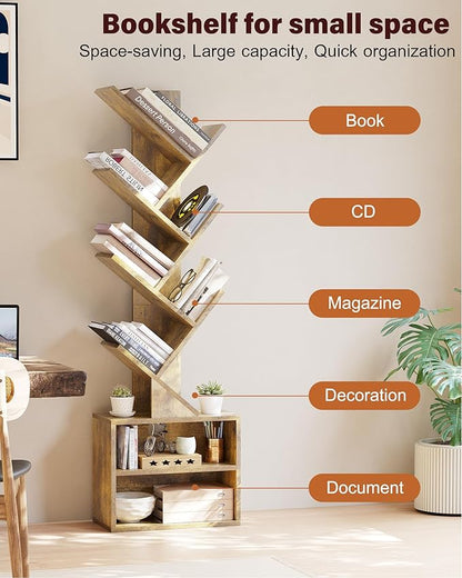 SUNMORY 6 Tier Tree Bookshelf, Small Bookcase with Storage Cabinet, Modern Tall Narrow Bookshelves Organizer, Floor Standing Book Shelf for Bedroom/Living Room/Home Office/Corner, Rustic Brown