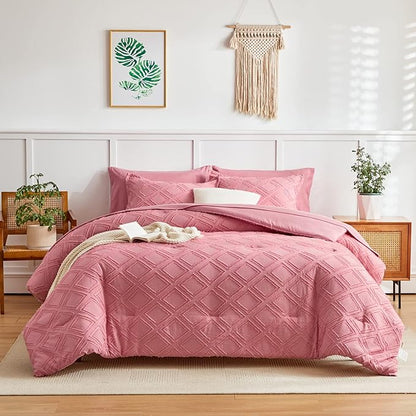 7 Pieces Tufted Bed in a Bag King Comforter Set with Sheets Pink, Soft and Embroidery Shabby Chic Boho Bohemian, Luxury Solid Color with Diamond Pattern, Jacquard Tufts Bedding Set for All Season
