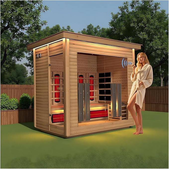 4-Person Far Infrared & Steam Dual-System Sauna Room, Outdoor Canadian Hemlock Wood Sauna, WiFi Control, Red Light Therapy, 14 Heaters& Electric Stove, Left Door, 220-240V