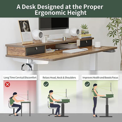 FEZIBO 40 x 24 Inch Height Adjustable Electric Standing Desk with Double Drawer, Stand Up Desk with Storage Shelf, Sit Stand Desk, Light Rustic