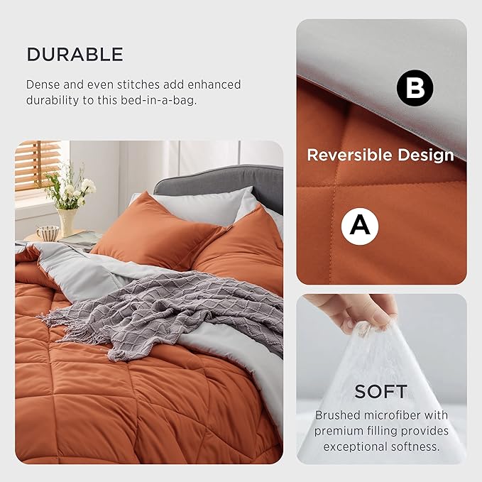 Bedsure Burnt Orange Twin XL Comforter Set - 5 Pieces Reversible Twin XL Bed in a Bag Twin XL Bed Set with Comforters, Sheets, Pillowcase & Sham, Twin XL Bedding Sets