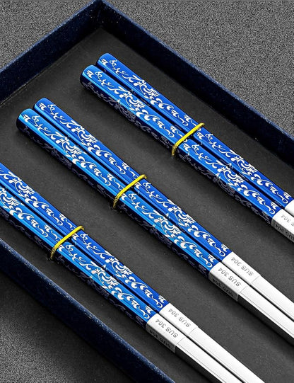TINMARDA Metal Chopsticks Reusable, 3 Pairs Non-Slip Chop Sticks Reusable Dishwasher Safe, Titanium Plated Stainless Steel Chopsticks Present Set (Blue Silver)
