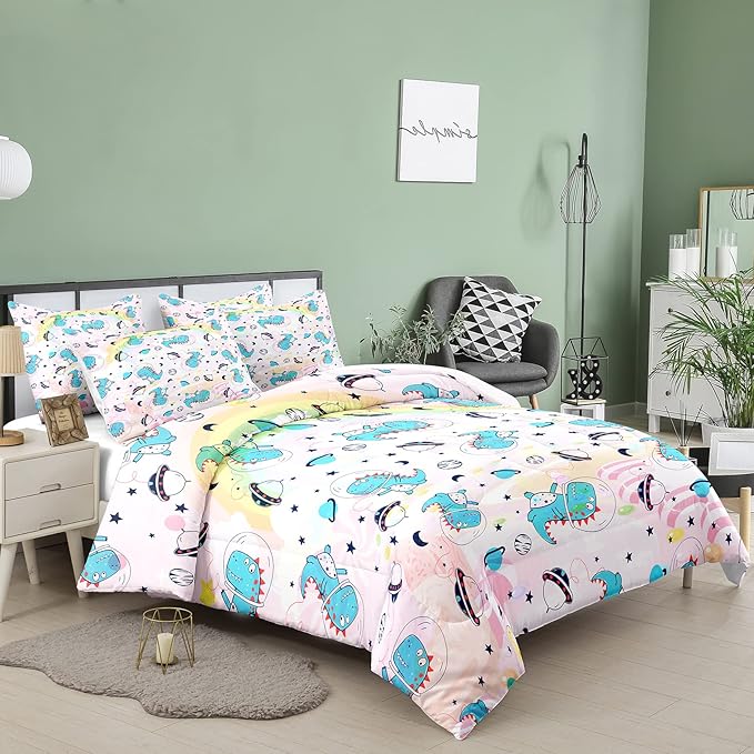 NINENINE Pink Dinosaur Comforter Set Colorful Rainbow Castle UFO Space Theme Bedding, Twin Comforter Sets for Boys Girls Kawaii Bedding Set with 1 Comforter 1 Pillowcase