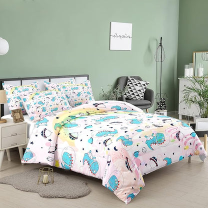 NINENINE Pink Dinosaur Comforter Set Colorful Rainbow Castle UFO Space Theme Bedding, Twin Comforter Sets for Boys Girls Kawaii Bedding Set with 1 Comforter 1 Pillowcase