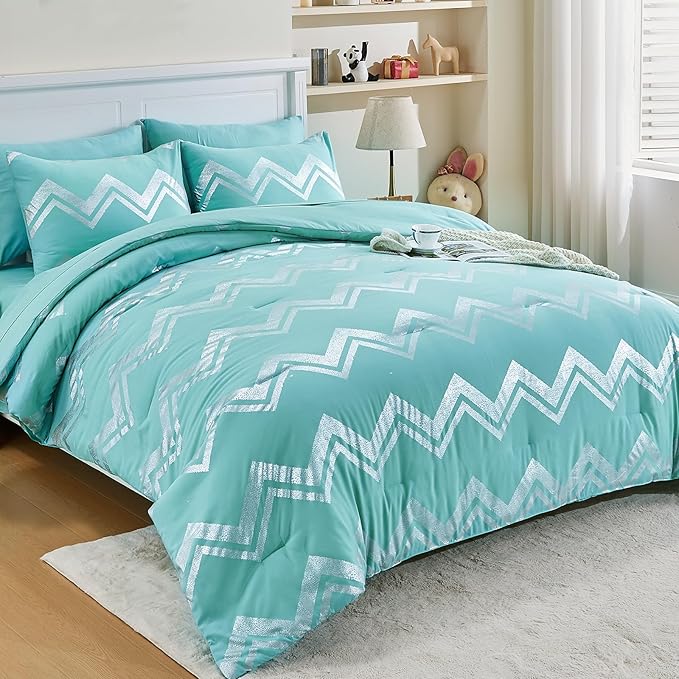 Wowelife Teal Comforter Set Queen7 Pieces Blue Glitter Metallic Bedding Set Full Teal Kids Comforter Set Breathable with Comforter, Flat Sheet, Fitted Sheet, 2 Pillow Shams and 2 Pillowcases