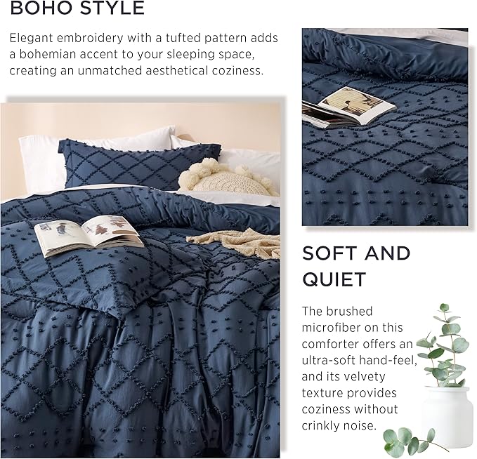 Bedsure California King Comforter Set - Navy Comforter, Boho Tufted Shabby Chic Bedding Comforter Set, 3 Pieces Farmhouse Bed Set for All Seasons, Fluffy Soft Bedding Set with 2 Pillow Shams
