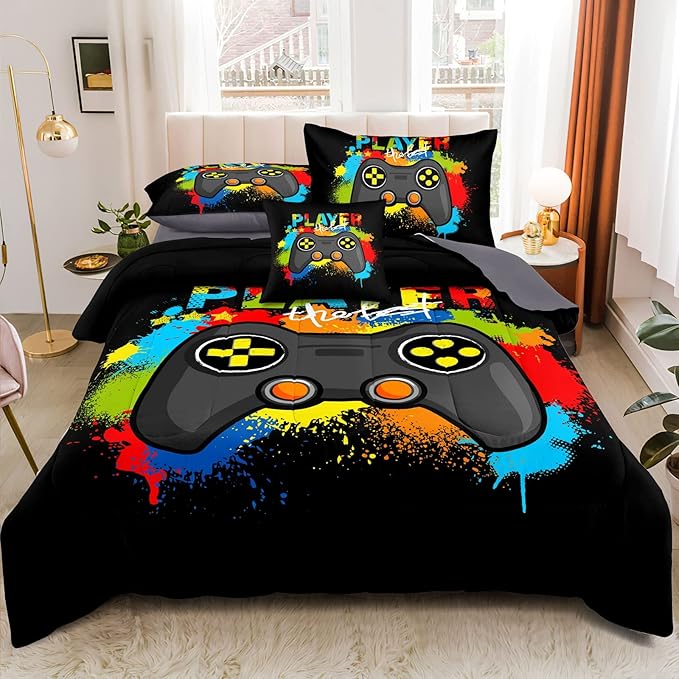 Kids Gaming Bedding Sets, 6 Piece Gamer Comforter Sets for Teens Boys Queen Size for Bedroom Comforter Set Adult 3D Gamepad Microfiber Bedding Sets Fits All Season Queen Comforter Set