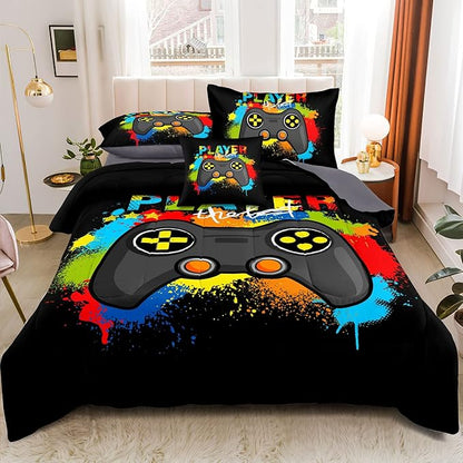 Kids Gaming Bedding Sets, 6 Piece Gamer Comforter Sets for Teens Boys Full Size for Bedroom Comforter Set Adult 3D Gamepad Microfiber Bedding Sets Fits All Season Bedding Comforter Sets