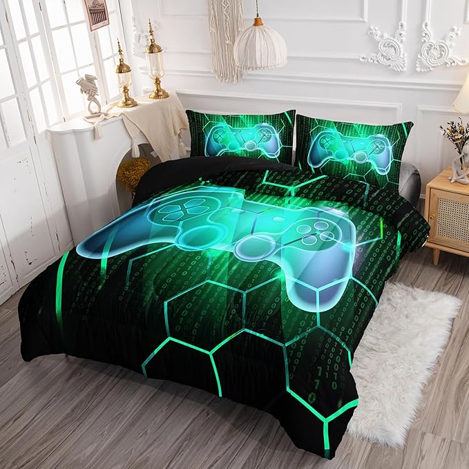 Axolotl Gamepad Comforter Set Twin Size,Number Video Gaming Gamer Bedding Set,Boys Game Console Comforter Set,Geometry Hexagonal Bedding Set for Teens Men Adults,1 Quilt 2 Pillowcases,Green Black