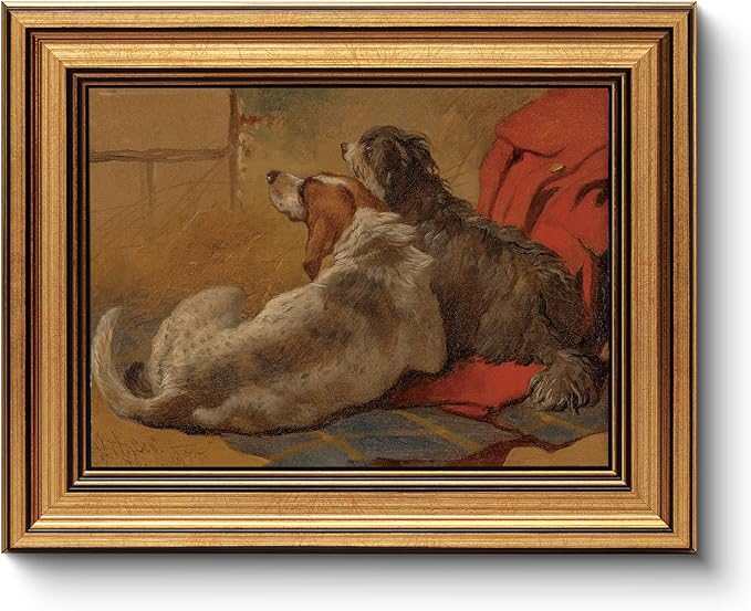HUARCEY Gold Framed Vintage Wall Art for Living Room Dogs Oil Painting Wall Decor– Cozy Pet-Themed Aesthetic Room Decor for Bedroom Prints Study Classic Animal Artwork Gift for Dog Lovers 8"x10"