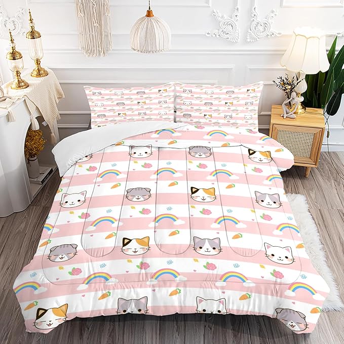 Cat Bedding Twin Size Pink Plaid Rainbow Comforter Set for Girls Kids Children Cloud Cute Kawaii Boho Bedroom Dorm Quilt 1 Comforter + 1 Pillow Case