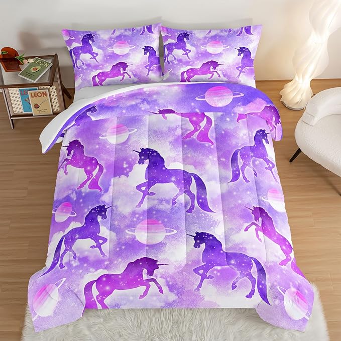 HOSIMA Purple Unicorn Twin Bedding Sets for Girls Kids,3 Piece Soft Microfiber Galaxy Comforter Princess Crib Bedding Set Unicorn Bedroom Decor for Girls Room,Planet Cloud Twin Bed in a Bag.