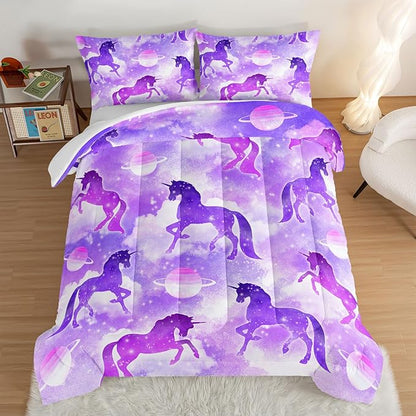 HOSIMA Purple Unicorn Twin Bedding Sets for Girls Kids,3 Piece Soft Microfiber Galaxy Comforter Princess Crib Bedding Set Unicorn Bedroom Decor for Girls Room,Planet Cloud Twin Bed in a Bag.